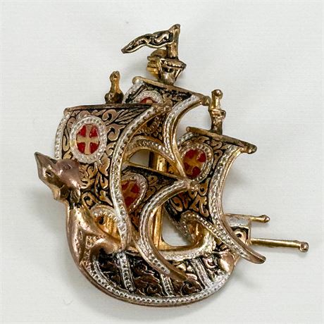 Vintage Gold-Tone & Enamel Spanish Galleon Pirate Ship Brooch