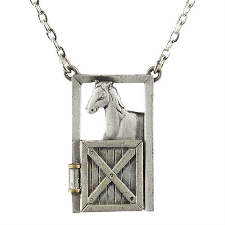 Vintage Pewter Horse Stall Pendant Necklace w/ Opening Door