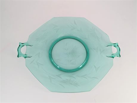 Vintage Green Etched Glass Daisy Two Handled Tray