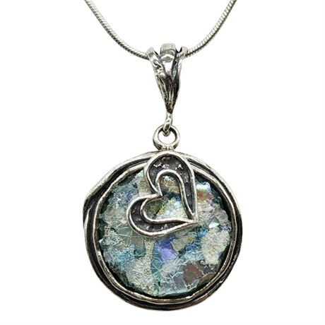 Signed PAZ Sterling Roman Glass Pendant Necklace