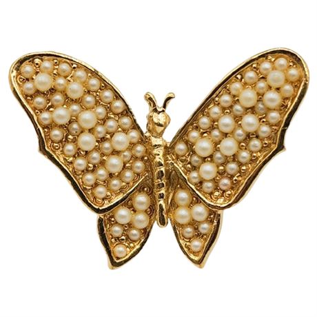 Vintage CROWN TRIFARI Faux Seed Pearl Butterfly Brooch