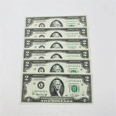 6 Consecutive 1976 $2 Bills