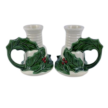 Holiday Holly Leaf Ceramic Candleholders