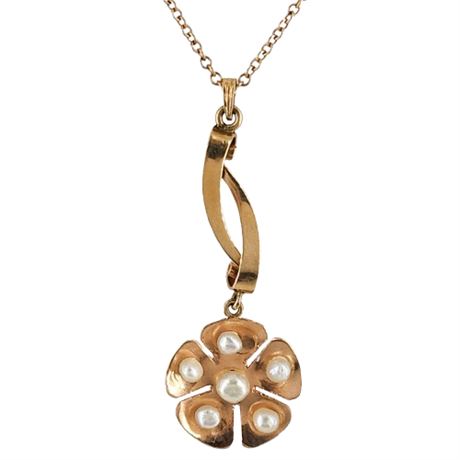 Signed Vintage ERDICK Copper & Freshwater Pearl Flower Pendant Necklace