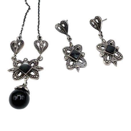 Sterling Silver Onyx & Marcasite Necklace & Earrings