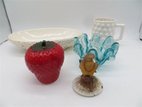 Oval Dish, Butterfly Mug, Strawberry Jam Jar, Bird Topper & Blue Glass Dish