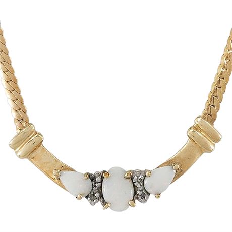 Vintage Signed ADL 10K Gold Opal & Diamond Necklace