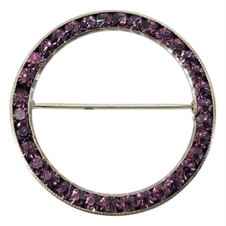 Vintage Channel Set Purple Rhinestone Silver Tone Circle Brooch