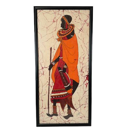 Vintage African Woman Batik Painting on Fabric