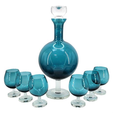 Mid-Century Nanny Still Style Mediterranean Blue Footed Decanter & Glasses Set