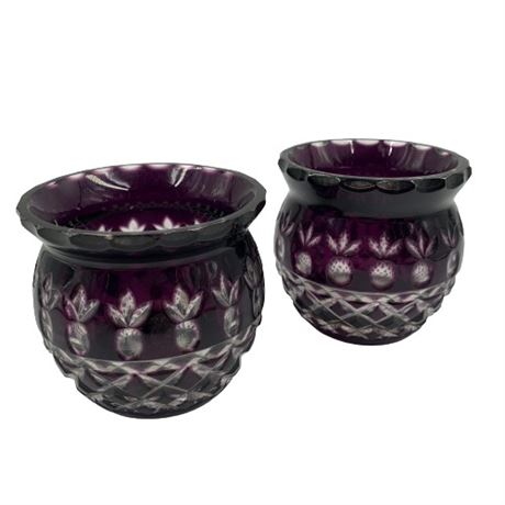 Pair Hand-Cut Hungarian Purple Glass Votive Candle Holders