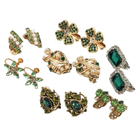 Seven Pairs Vintage Green Rhinestone Clip Earrings