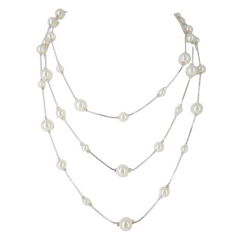 Long Silver-Tone Faux Pearl Necklace Perfect for Layering