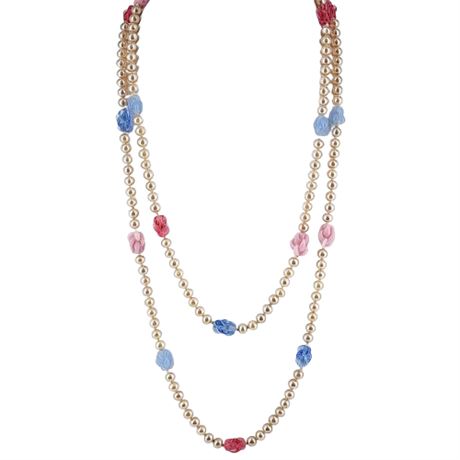 Vintage 60 Inch Hand Knotted Faux Pearl & Art Glass Bead Necklace