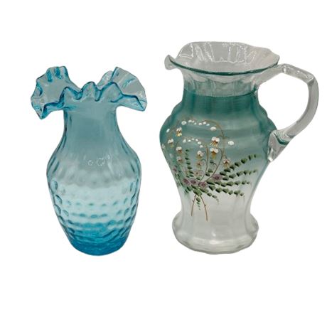 Painted Glass Pitcher & Blue Vase