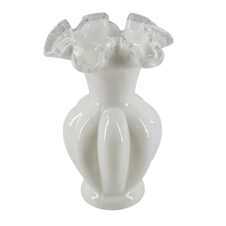 Fenton White Glass Silver Crest Ruffled Vase