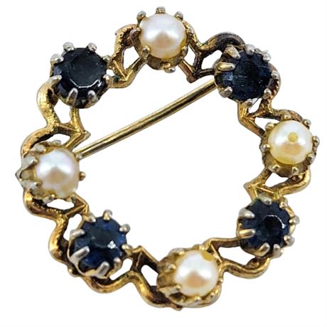 Vintage Genuine Pearl and Faux Sapphire Mini Brooch