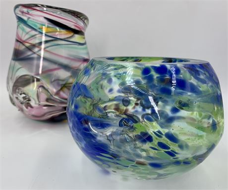 2 Colorful Handmade Art Glass Vases