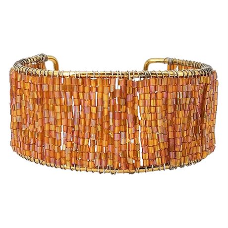 Modern Iridescent Orange Bugle Bead Cuff Bracelet