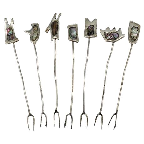 Vintage Alpaca Silver & Abalone Cocktail Picks