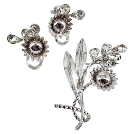 Signed Vintage STAR ART Sterling Silver Rhinestone Brooch & Screwback Earrings