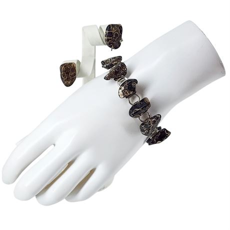 Vintage Turritella Agate Bracelet & Screwback Earrings Set