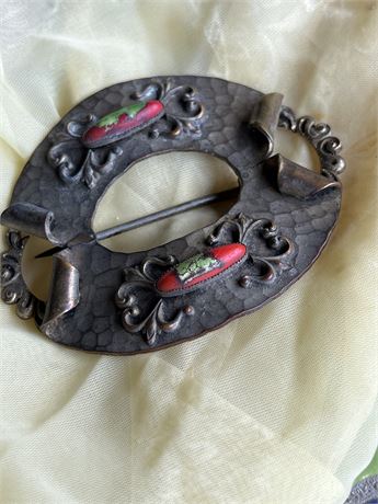 Hammered metal and enamel breast buckle brooch