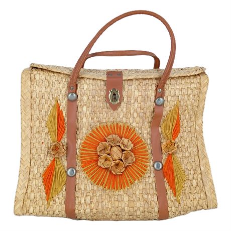 Vintage Oversized Woven Handbag, Straw and Leather with Floral Detail