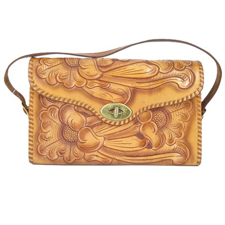 Vintage Hand-Tooled Floral Leather Western Handbag