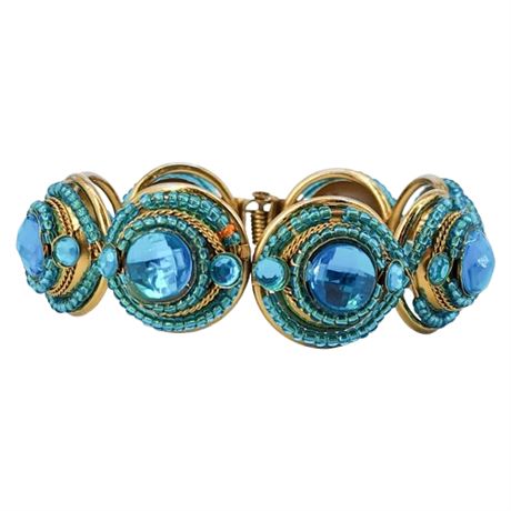 Modern Gold Tone Teal Beaded Clamper Bangle Bracelet