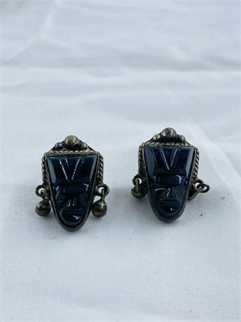 8g Vtg Mayan / Aztec Head Sterling Earrings