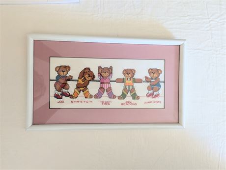 Handsewn Framed Cross Stitch Bears Exercising 15.75" x 9.25"