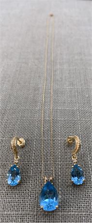 Luxe 14k Gold & Pear Shaped Sky Blue Topaz Pendant & Earrings