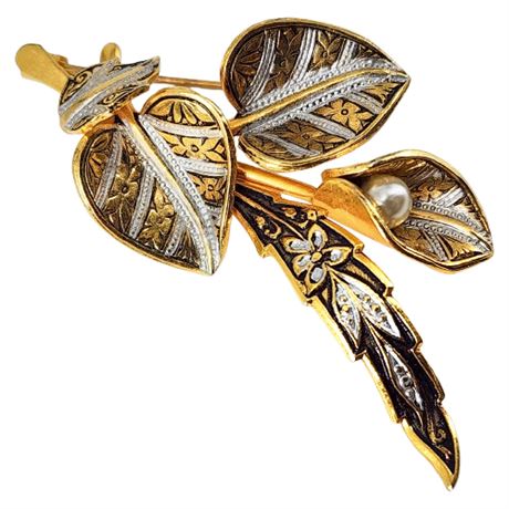Vintage Spanish Damascene Style Leaves Brooch