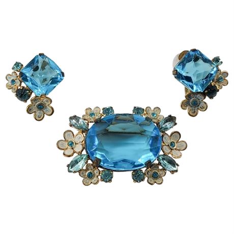 Vtg Czech Rhinestone & Enamel Flowers Brooch & Screwback Earrings Set