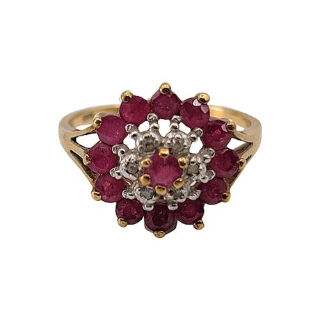 Signed 10K Gold Ruby & Diamond Cocktail Ring