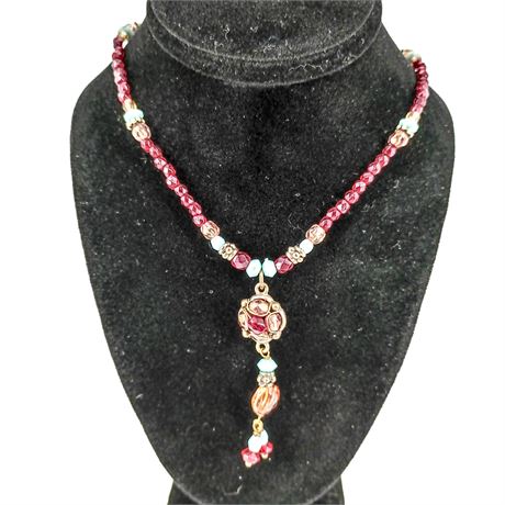 Vintage-Style Red & Turquoise Beaded Y-Drop Necklace