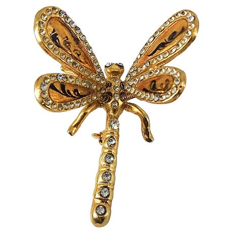 Vintage Enamel & Rhinestone Dragonfly Trembler Brooch
