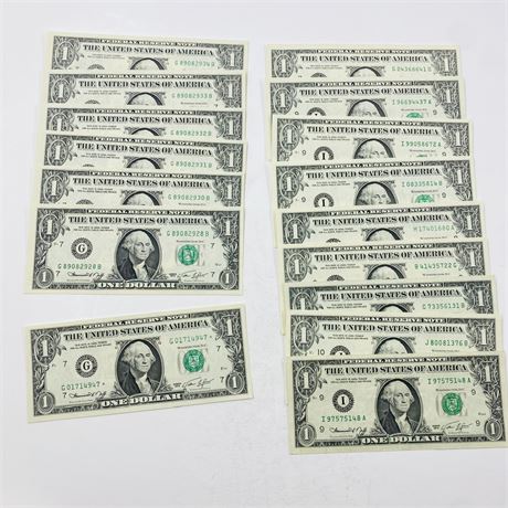 16 Mostly UNC 1974 $1 Bills - Star Note, Consecutive Run