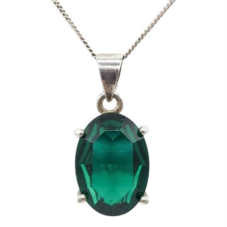 Signed MARSALA Sterling Silver Faux Emerald Pendant Necklace