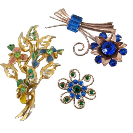 Vintage Floral Brooch Trio Blue Green Rhinestone Enamel Gold Tone Retro Pins