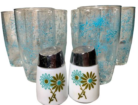 6 Mid Century Aqua Splatter Drinking Glasses & Milk Glass Salt/Pepper Shakers