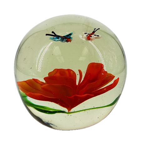 Vintage Butterflies & Flower Art Glass Paperweight