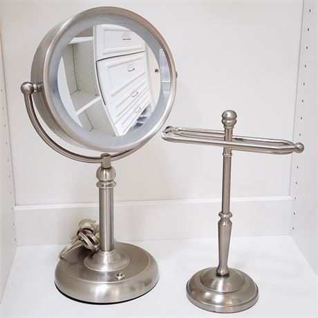 2 Piece Bathroom Lot: Hand Towel Rack, Lighted Makeup Mirror