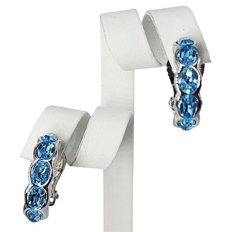 Signed Swarovski Crystal Ice Blue Stone Hoop Clip Earrings
