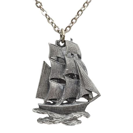 Vintage Pewter Tallship Pendant Necklace
