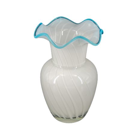 Fenton Optic Swirl Vase for Teleflora Ruffled Blue Rim Vase