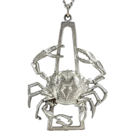 Vintage Cathedral Pewter Crab Cancer Zodiac Pendant Necklace