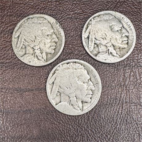 Three (3) Indian Head / Buffalo Nickles - Worn Dates