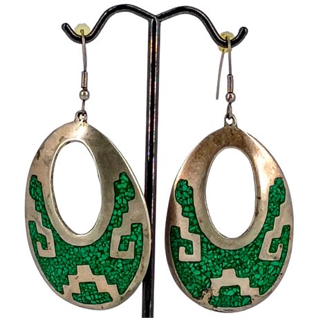Mexico Stamp Southwestern-Style Inlay Drop Earrings – Green Mosaic & Silver-Tone